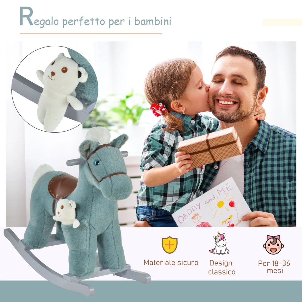 Cavallo a Dondolo per Bambini in Peluche e Legno con Suoni e Orsetto Incluso, per Bimbi da 18-36 Mesi, 65x26x55cm, Blu