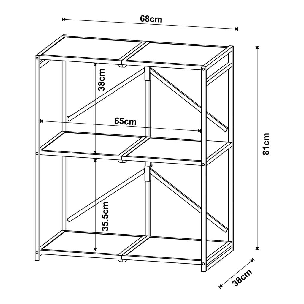 Scaffale dal design senza tempo per soggiorno/camera da letto mobile contenitore pieghevole indipendente con 3 ripiani metallo 81 x 68 x 38 cm MDF nero 03_0011144
