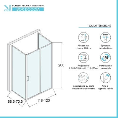 Box doccia 70x120x70 cm con porta scorrevole serigrafata H 200 cm Ted