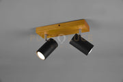 MARLEY BARRA 2 SPOTS CILINDRI NERI BASE LEGNO NATURALE L. 26CM2 LUCI ATTACCO GU10