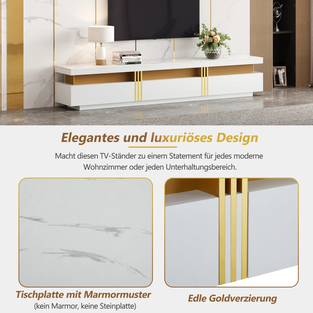 Mobile porta TV moderno con piano in effetto marmo, tre cassetti e passacavi, bianco, 200 × 40 × 42 cm