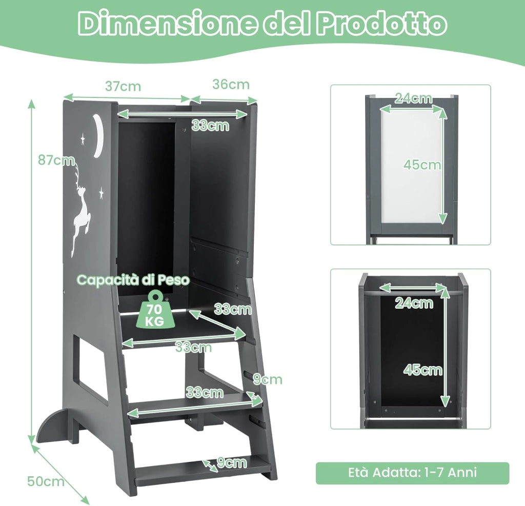 Torre per Bambini 2 in 1, Sgabello da Cucina per Bambini con 3 Penne, Lavagna Bianca e Nera, Piattaforma e Gradino Regolabili, per Bambini da 1 a 7 Anni, Capacità di Carico 70 kg (Grigio)