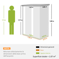 Capanno Porta Attrezzi 142x86x189 cm con Tetto Inclinato e Porta Bloccabile in Metallo Verde Chiaro