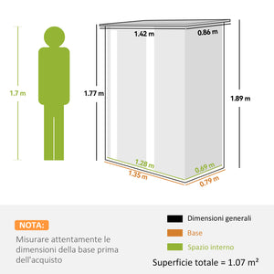 Capanno Porta Attrezzi 142x86x189 cm con Tetto Inclinato e Porta Bloccabile in Metallo Argento
