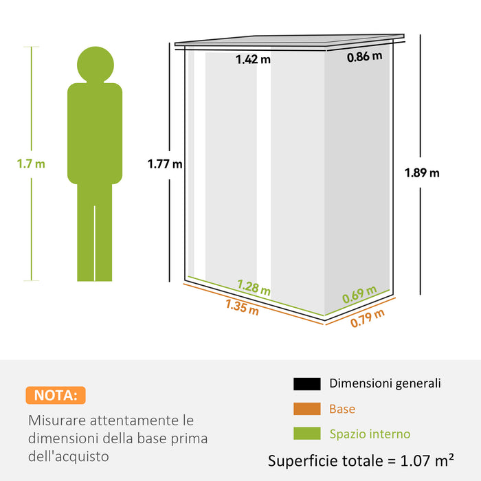 Capanno Porta Attrezzi 142x86x189 cm con Tetto Inclinato e Porta Bloccabile in Metallo Argento