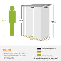 Capanno Porta Attrezzi 142x86x189 cm con Tetto Inclinato e Porta Bloccabile in Metallo Grigio Chiaro