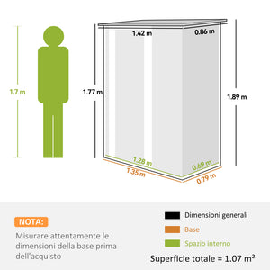 Capanno Porta Attrezzi 142x86x189 cm con Tetto Inclinato e Porta Bloccabile in Metallo Grigio Chiaro