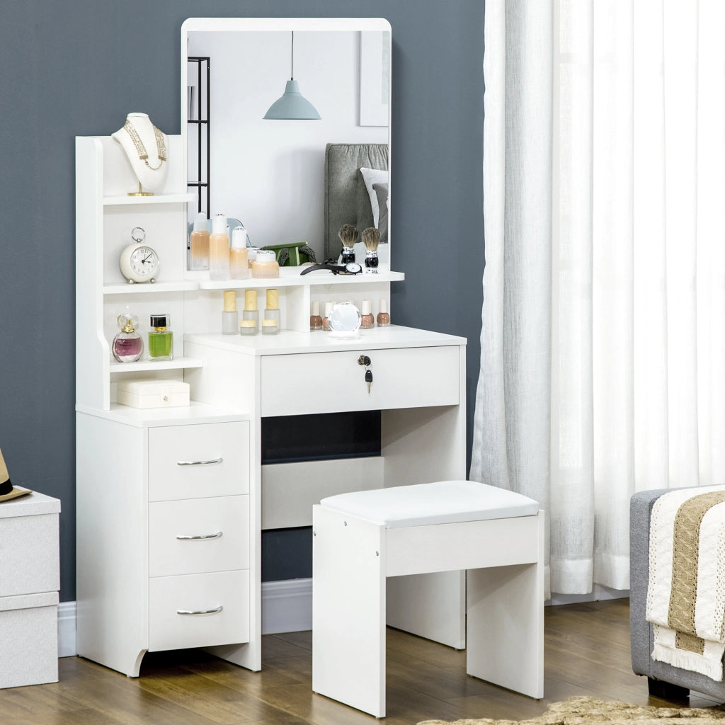 Scrivania da trucco con sgabello imbottito, specchio grande, ripiani aperti e 4 cassetti ¨C zephmum ¨C bianco