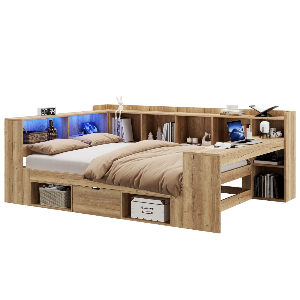 Letto Singolo Contenitore in Legno con LED, Cassetti e Scrivania ¨C MINIMAL ¨C 140x200