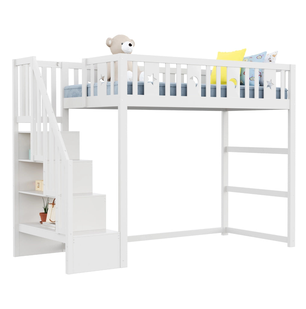 Letto a soppalco per bambini 90x200 cm con scala e ripiani; in legno; bianco