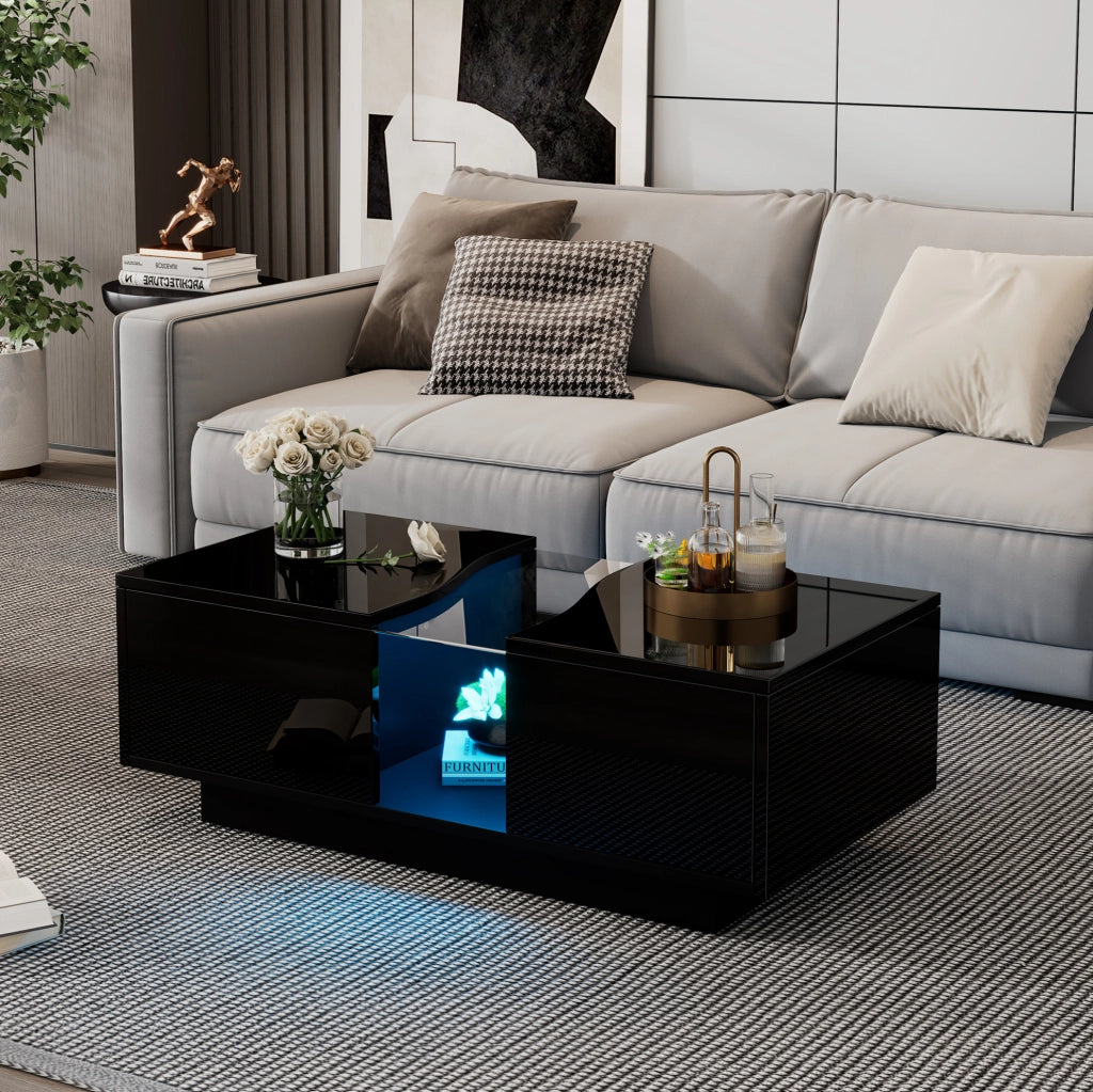 Tavolino da salotto moderno con LED; 2 cassetti; 100 x 50 x 35 cm; nero lucido in MDF e acrilico