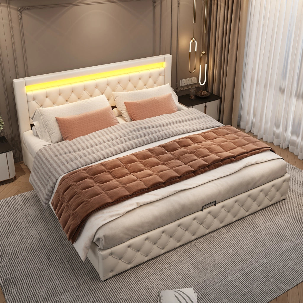 Letto Contenitore 180x200 cm; Letto Matrimoniale con LED e rete a doghe in PU Bianco