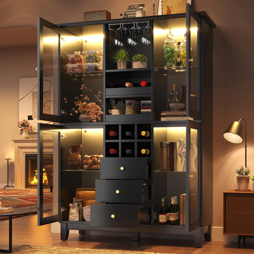 Mobile bar con LED RGB da app 3 cassetti ripiani regolabili portabicchieri portabottiglie MDF nero 120 × 40 × 180,5 cm