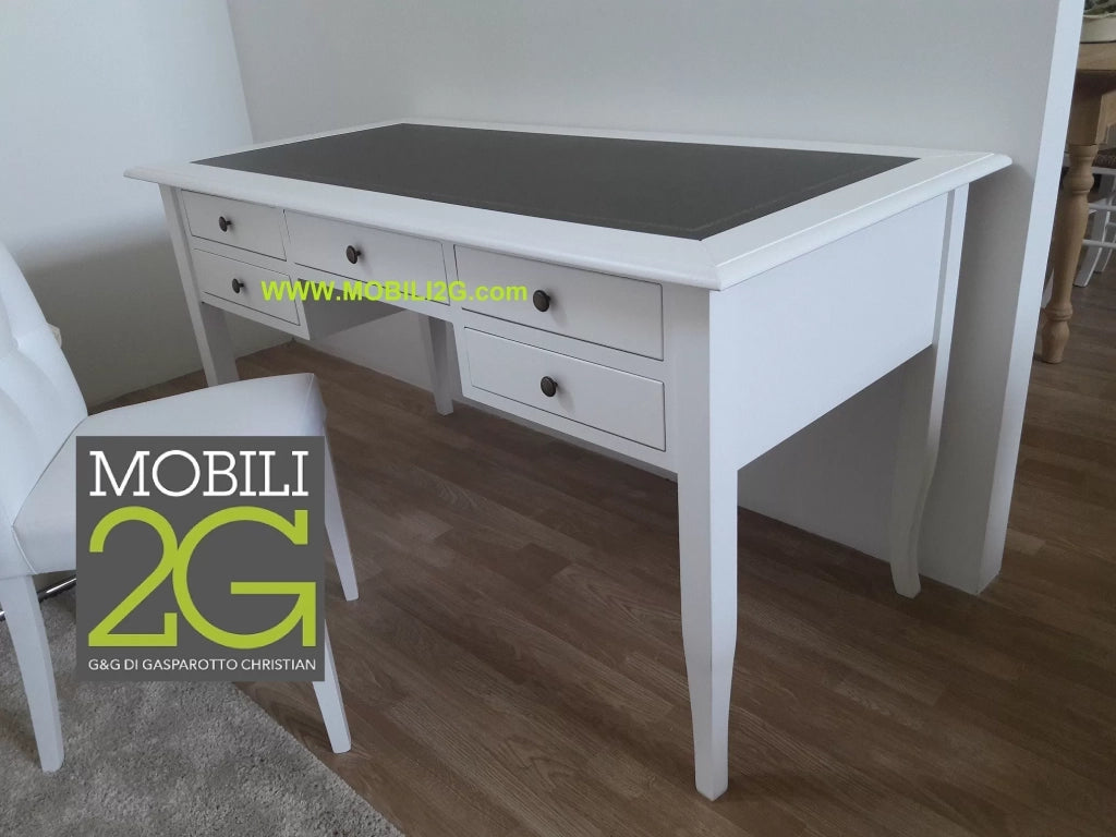 Scrivania arte povera inserto ecopelle legno bianco 150x75x81 - Mobili 2G