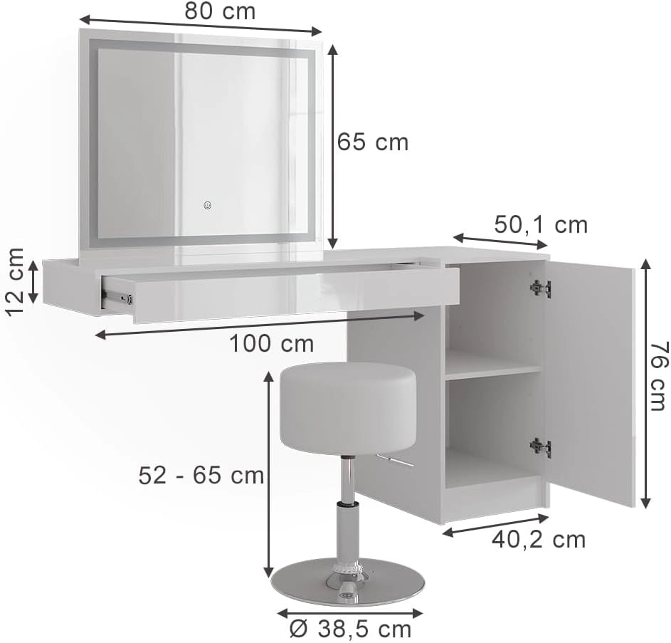 Tavolo da toeletta Sherry, Bianco, 100 cm 4 parti, con illuminazione LED e seduta imbottita per il montaggio