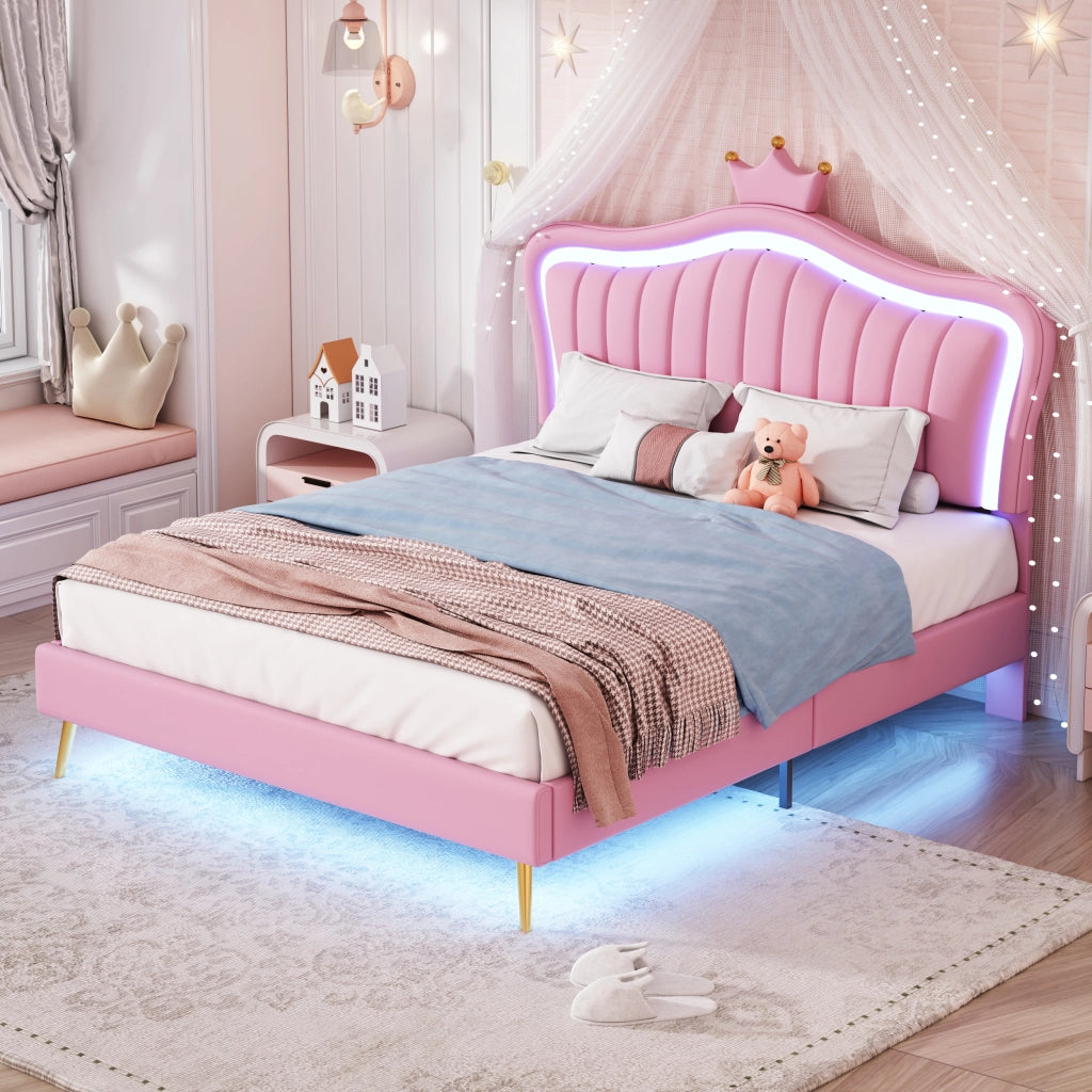 Letto per Bambini 140x200 cm; con LED e Testiera Regolabile in Ecopelle Rosa