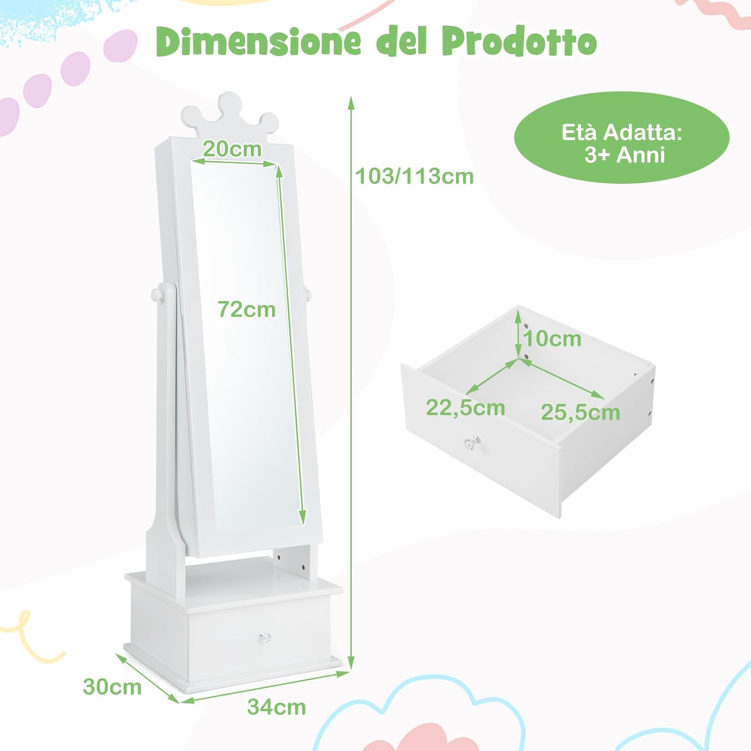 Armadio Gioielli per Bambini con Specchio, Armadietto Portagioie da Terra per Bambini con 3 Cassetti, per Bambini 3+ Anni, Ideale per Camera da Letto (Bianco)