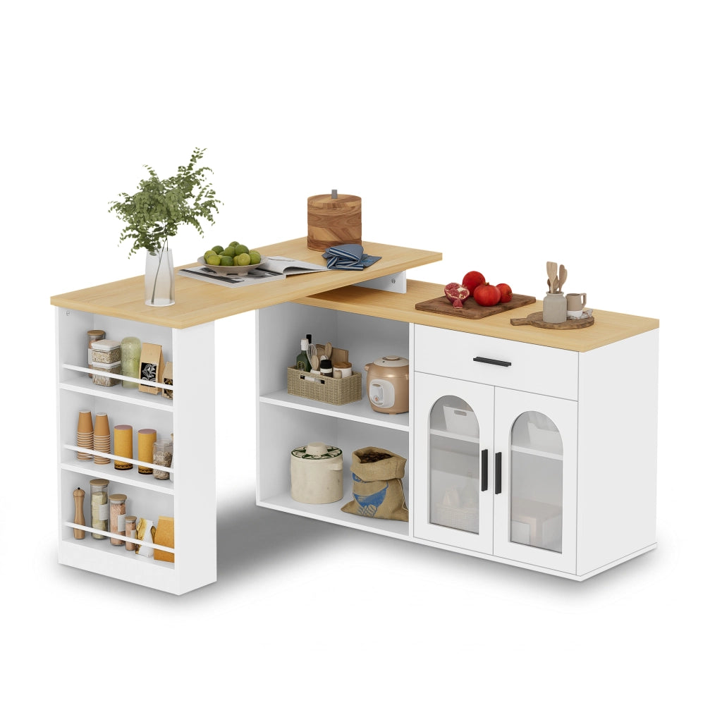 Isola da Cucina 136x50x78 cm Bianca e Rovere con Tavolo Girevole 360°, Cassetto e Ripiani