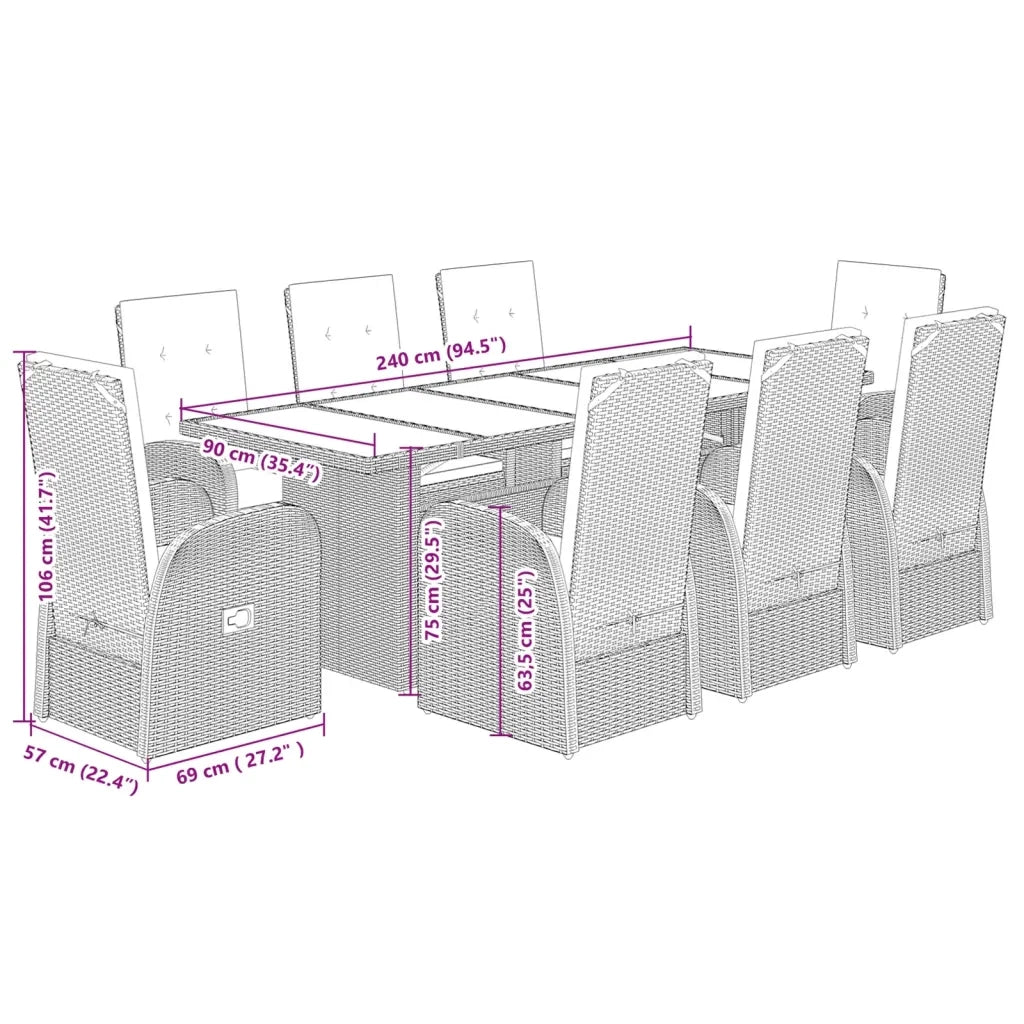 Set da Pranzo da Giardino 9 pz con Cuscini in Polyrattan Grigio