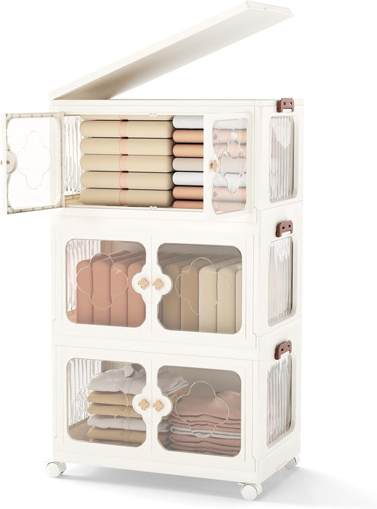Scatole Immagazzinaggio Impilabili e Pieghevole con Ruote, Armadietto a 3 Ripiani con Ante e Coperchio, Contenitore Trasparente per Camera da Letto e Soggiorno, Bianco (59,5 x 35,5 x 99 cm)