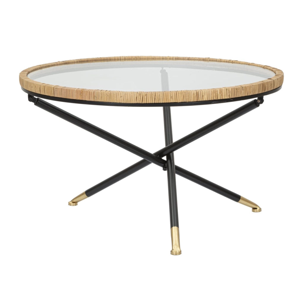 Tavolino da caffè rotondo Saint Barth con piano in vetro, ferro e rattan — Ø 80x46,5 cm