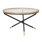 Tavolino da caffè rotondo Saint Barth con piano in vetro, ferro e rattan — Ø 80x46,5 cm