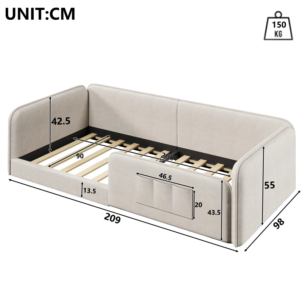 Letto imbottito per bambini 90x200 cm con parapetto perimetrale; schiuma antiurto; tasche laterali e rivestimento in lino beige