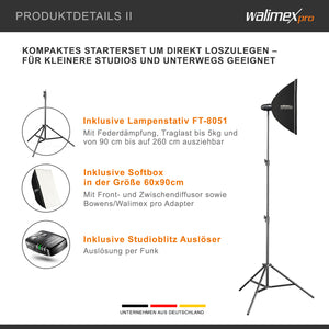 Newcomer 100 Set flash fotografico con potenza di 100 Ws, con radio a 2,4 GHz, softbox 60 x 90 cm e treppiedi per luci, per studio foto video