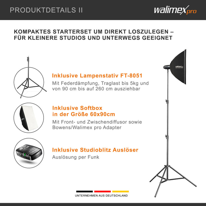 Newcomer 100 Set flash fotografico con potenza di 100 Ws, con radio a 2,4 GHz, softbox 60 x 90 cm e treppiedi per luci, per studio foto video