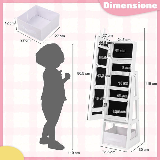 Armadio Portagioie 3 in 1 per Bambini 31,5 x 30 x 115cm, Specchio a Forma di Corona con Ganci, Ripiano e Cassetto in Tessuto, Toeletta per Cameretta (Bianco)