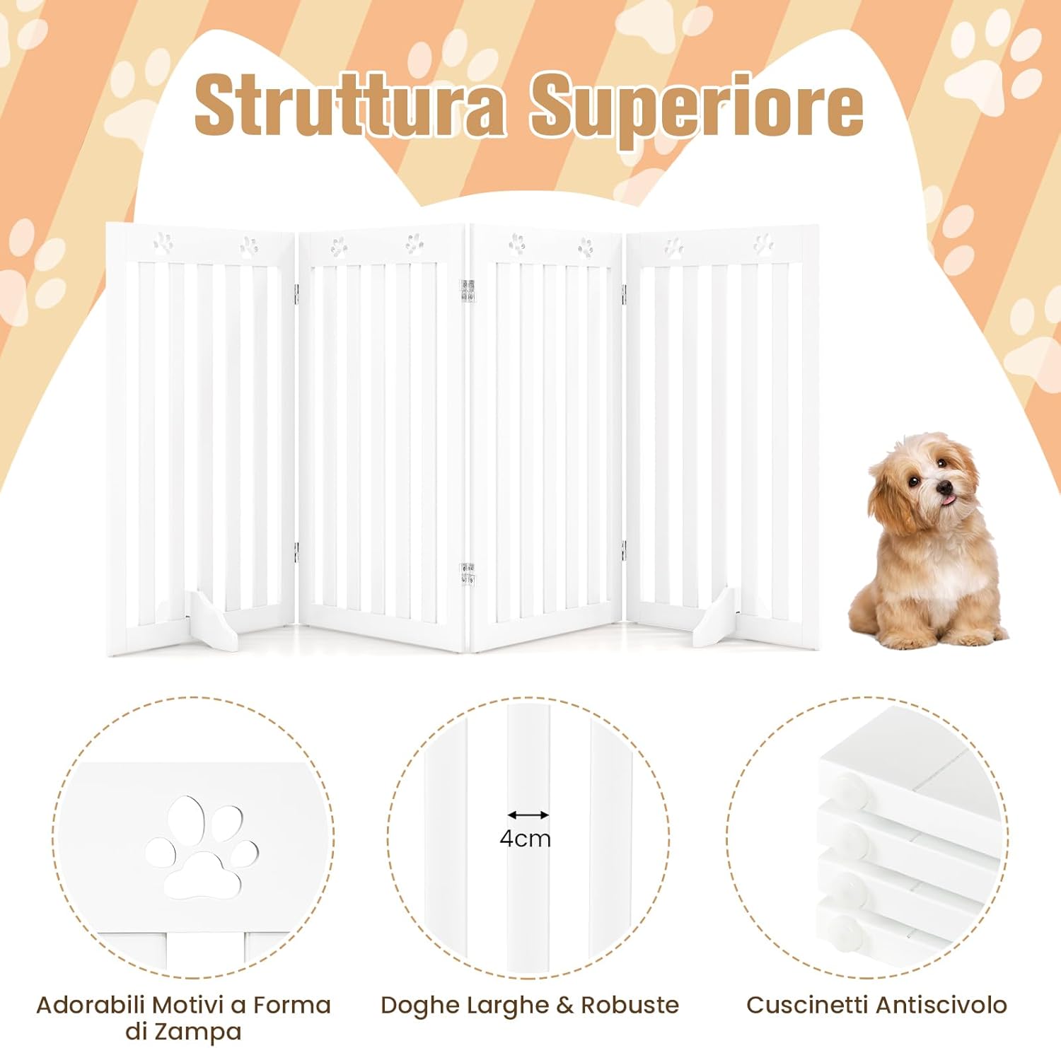 Cancelletto per Cani di Legno Pieghevole, con 3/4 Ante e Cuscinetti Antiscivolo, Ideale per Scale e Porta d'Ingresso, 203 x 89,5 cm (Bianco, 4 Pannelli)