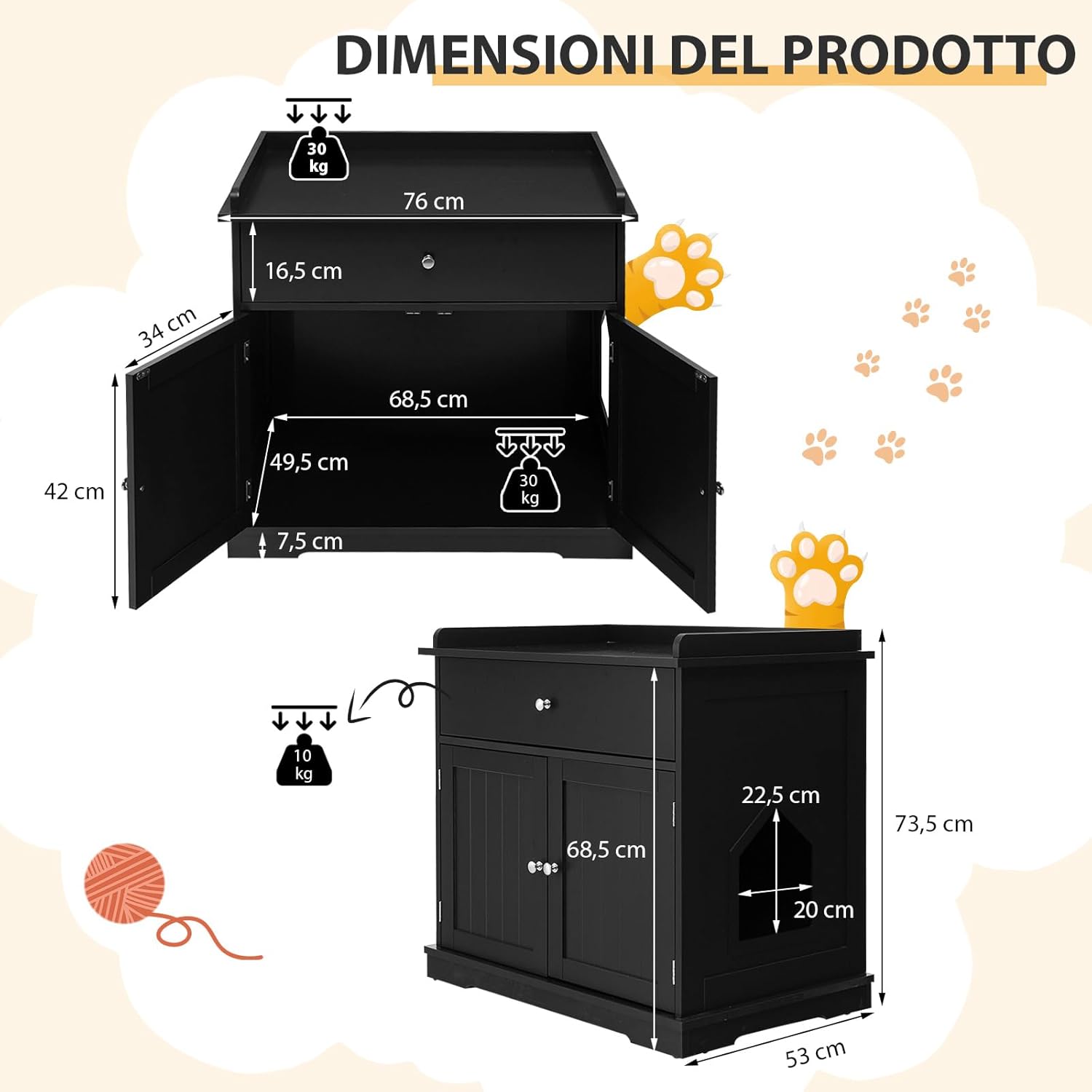 Mobile per Lettiera Gatti in Legno, con Portaoggetti, 2 Ante, Cassetto e Ingresso Laterale, Mobiletto Multiuso per Ingresso e Soggiorno, 76 x 53 x 74 cm, Carico Massimo 30 kg (nero)