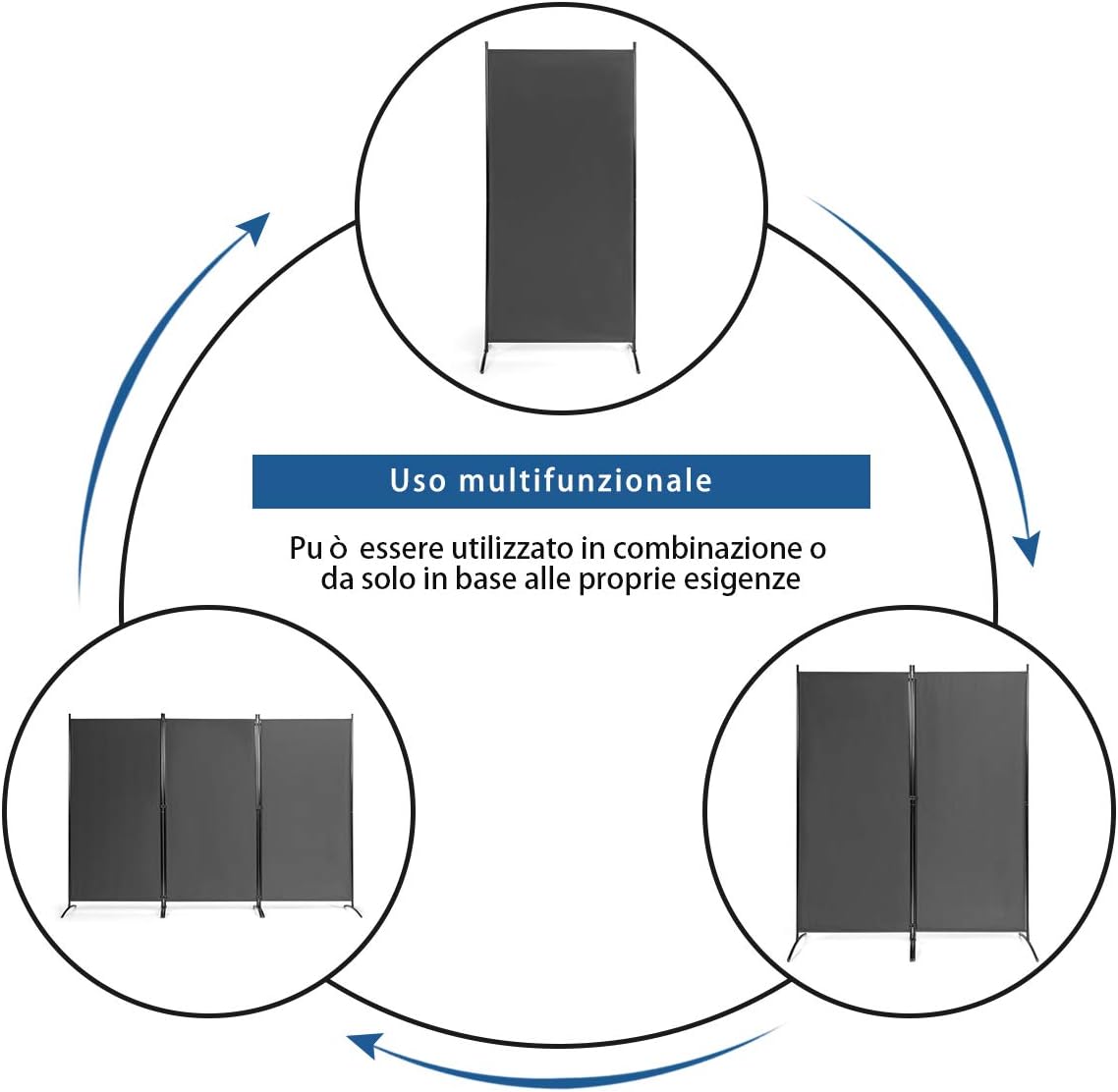 Paravento da Interno in Metallo, Separé Divisorio Interno Pieghevole con Piedini Stabili, Pannelli Divisori per Interni per Casa e Ufficio, 260 x 183cm, 3 Pannelli, Grigio