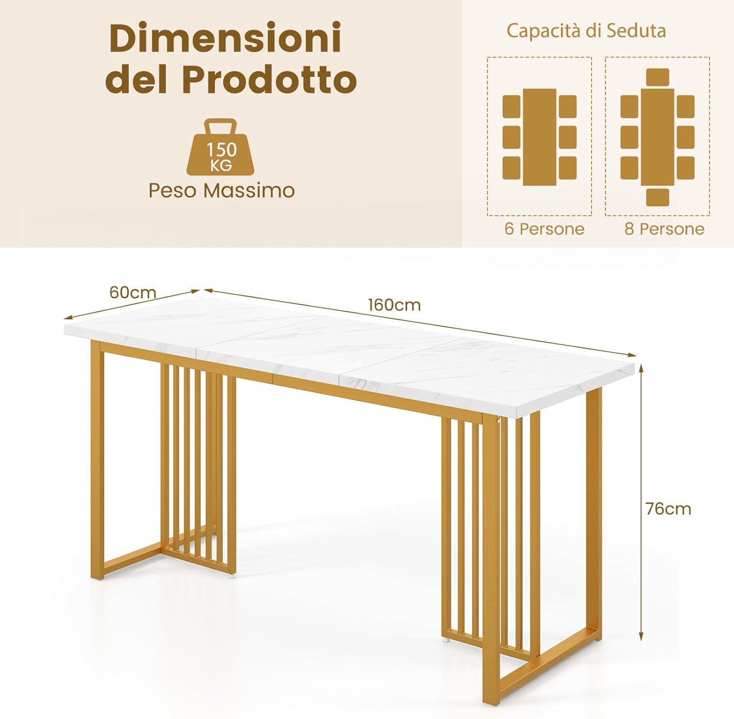 Tavolo da Pranzo, Tavolo Moderno per 6-8 Persone con Piano in Finto Marmo e Gambe in Metallo, Tavolllo Rettangolare da per Sala da Pranzo, Soggiorno e Cucina, 160 x 60 x 76 cm, Bianco e Oro