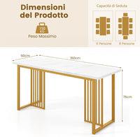Tavolo da Pranzo, Tavolo Moderno per 6-8 Persone con Piano in Finto Marmo e Gambe in Metallo, Tavolllo Rettangolare da per Sala da Pranzo, Soggiorno e Cucina, 160 x 60 x 76 cm, Bianco e Oro