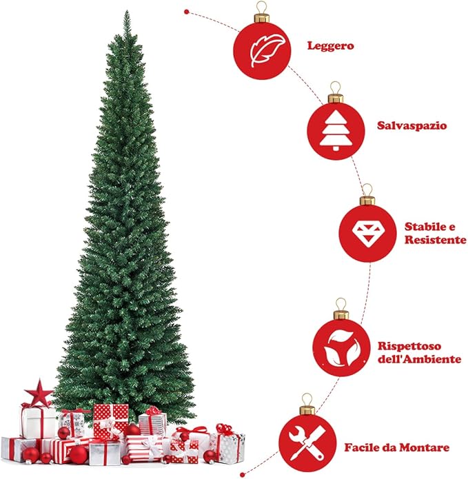 Albero di Natale Slim 150/180/210/240/270 cm, Albero di Natale Artificiale con 220/400/700/1000/1500 Rami e Base in Metallo, Decorazioni Natalizie per Casa e Negozio (270 CM)