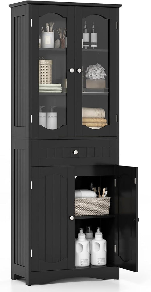 Armadietto Salvaspazio 60 x 30 x 160cm, Mobile Bagno con 2 Ripiani Regolabili, Cassetto e 2 Porte in Vetro Temprato, Armadio da Bagno per Ufficio, Soggiorno e Camera da Letto, Bianco (Nero)