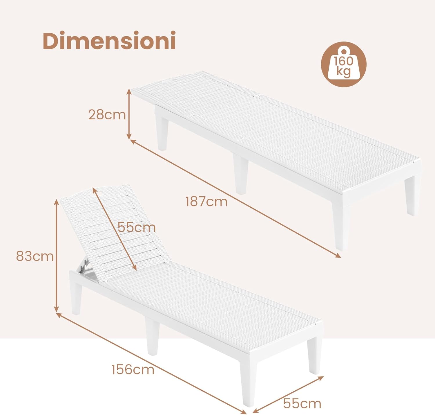 Set di 2 Sedie a Sdraio, Lettino Prendisole da Esterno in PP con Schienali Regolabili in 4 Posizioni, Sedia Reclinabile per Patio, Piscina, Terrazza, Portata 160 kg (Bianco)