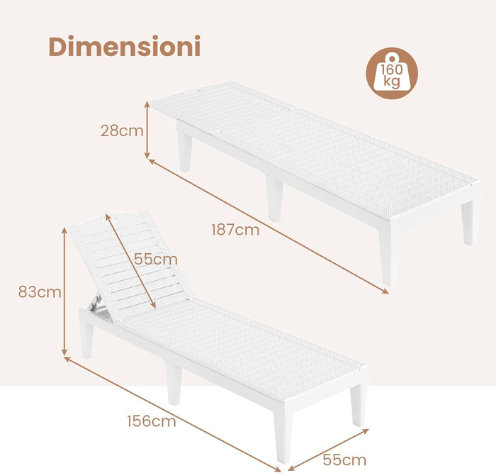 Set di 2 Sedie a Sdraio, Lettino Prendisole da Esterno in PP con Schienali Regolabili in 4 Posizioni, Sedia Reclinabile per Patio, Piscina, Terrazza, Portata 160 kg (Bianco)