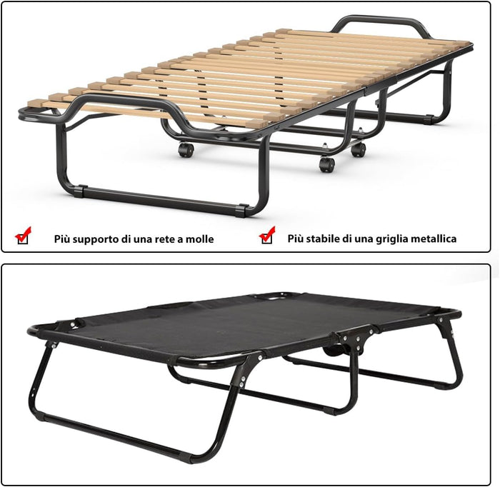 Letto Brandina Pieghevole, con Materasso in Memory Foam, Struttura Resistente e 4 Ruote Girevoli, Lettino Pieghevole, 200 x 80 x 40cm, Made in Italy (Beige)