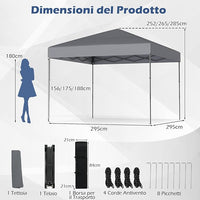 Gazebo Pop-up da Esterno 295 x 295 cm, Gazebo Pieghevole con Borsa da Trasporto, 8 Picchetti, 4 Corde Antivento, 3 Altezze Regolabili, Ideale per Feste, Barbecue, Giardino, Spiaggia (Grigio)