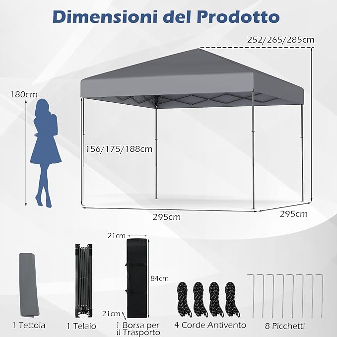 Gazebo Pop-up da Esterno 295 x 295 cm, Gazebo Pieghevole con Borsa da Trasporto, 8 Picchetti, 4 Corde Antivento, 3 Altezze Regolabili, Ideale per Feste, Barbecue, Giardino, Spiaggia (Grigio)