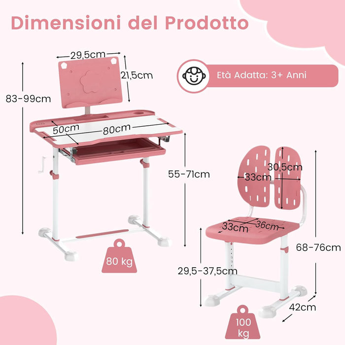 Set di Scrivania e Sedia per Bambini 3+ Anni, Scrivania Regolabile in Altezza con Piano Inclinabile, Supporto per Libri & Barra Poggiapiedi e Sedia Ergonomica, Ideale per Disegno (Rosa)