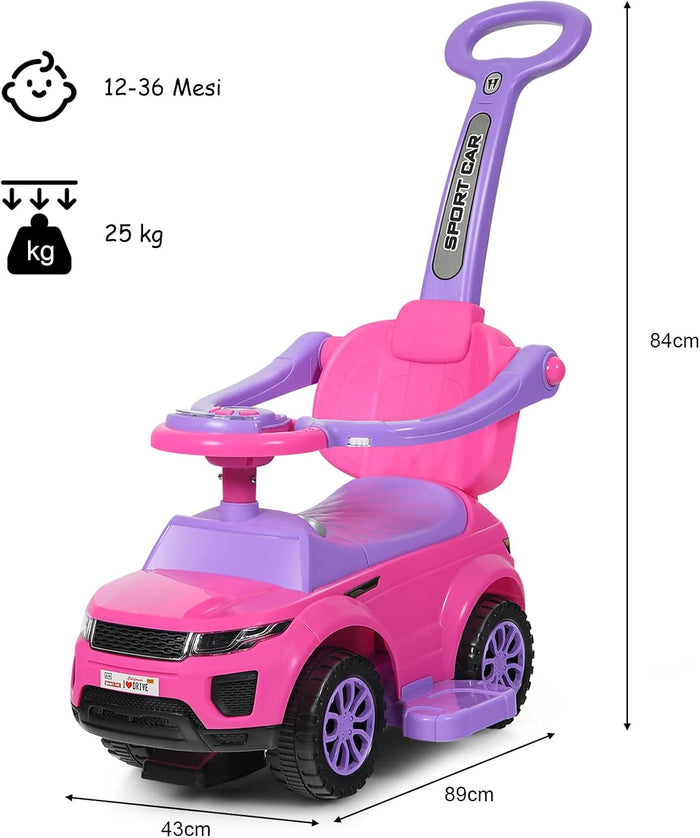 3 in 1 Macchina Cavalcabile a Spinta per Bambini, con Clacson Musica Luce Portaoggetti Sotto Sedile, Auto a Spinta per Bambini di 1-3 Anni