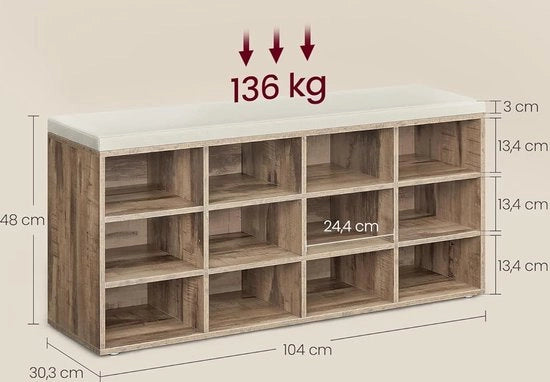Banca per scarpe - Ripiano per scarpe - Mobile per scarpe - Banca con spazio di riposo - Mobile a cassetti - 12 Compartimenti - Incluso cuscino di seduta - Legno - 30,3x104x48 cm