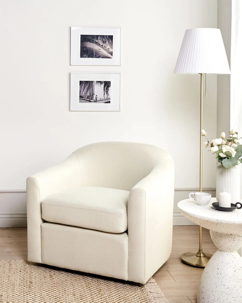 Poltrona girevole Light Beige Poliestere Tessuto idrorepellente Retro Minimalista Mobili Soggiorno