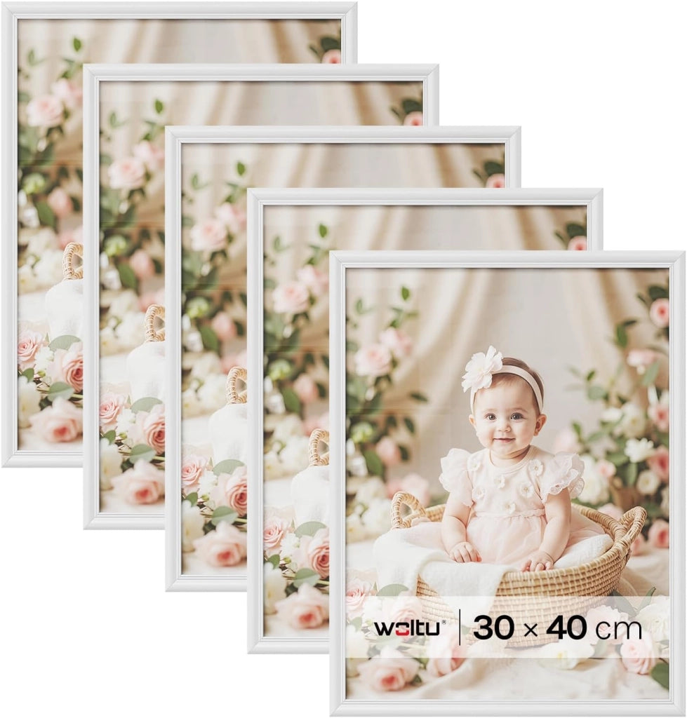 Cornice per Foto 30x40 cm Set di 5 Cornice da Parete e Tavolo, Portafoto in Legno Massello e Pannello in Plastica, Collage Foto, Bianco