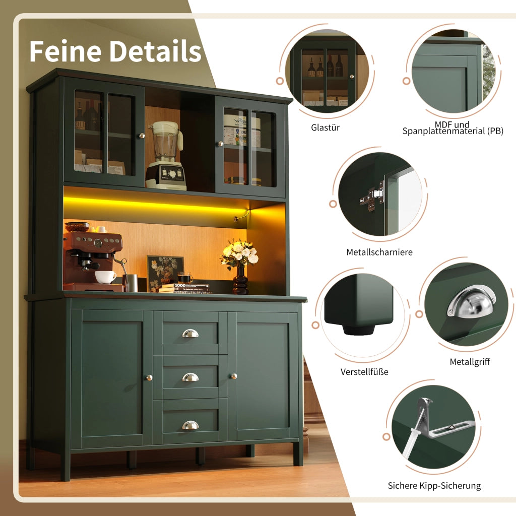 Credenza da cucina con ante in vetro marrone, ripiani regolabili, LED e cassetti, per cucina, verde 120 × 40 × 179 cm