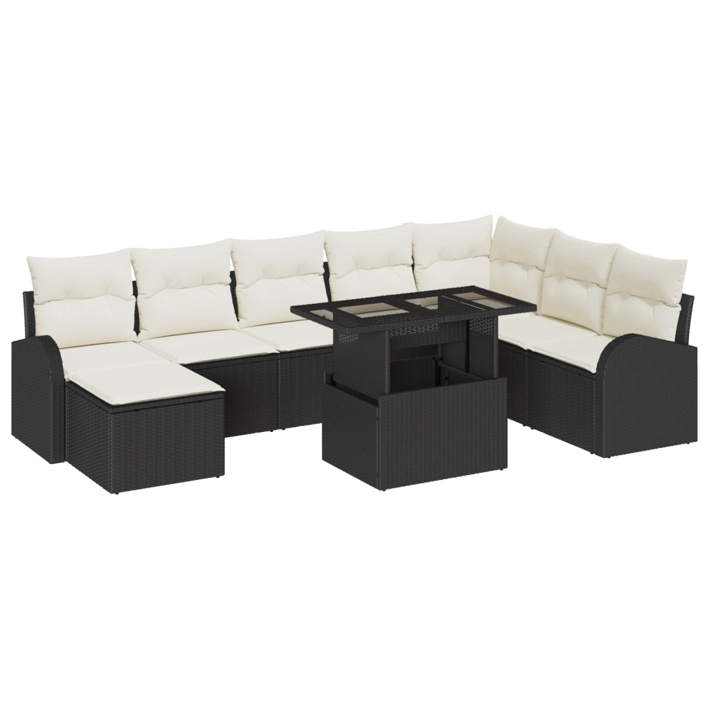 Set di 9 Pezzi Divani da Giardino con Cuscini Vimini Nero Polyrattan