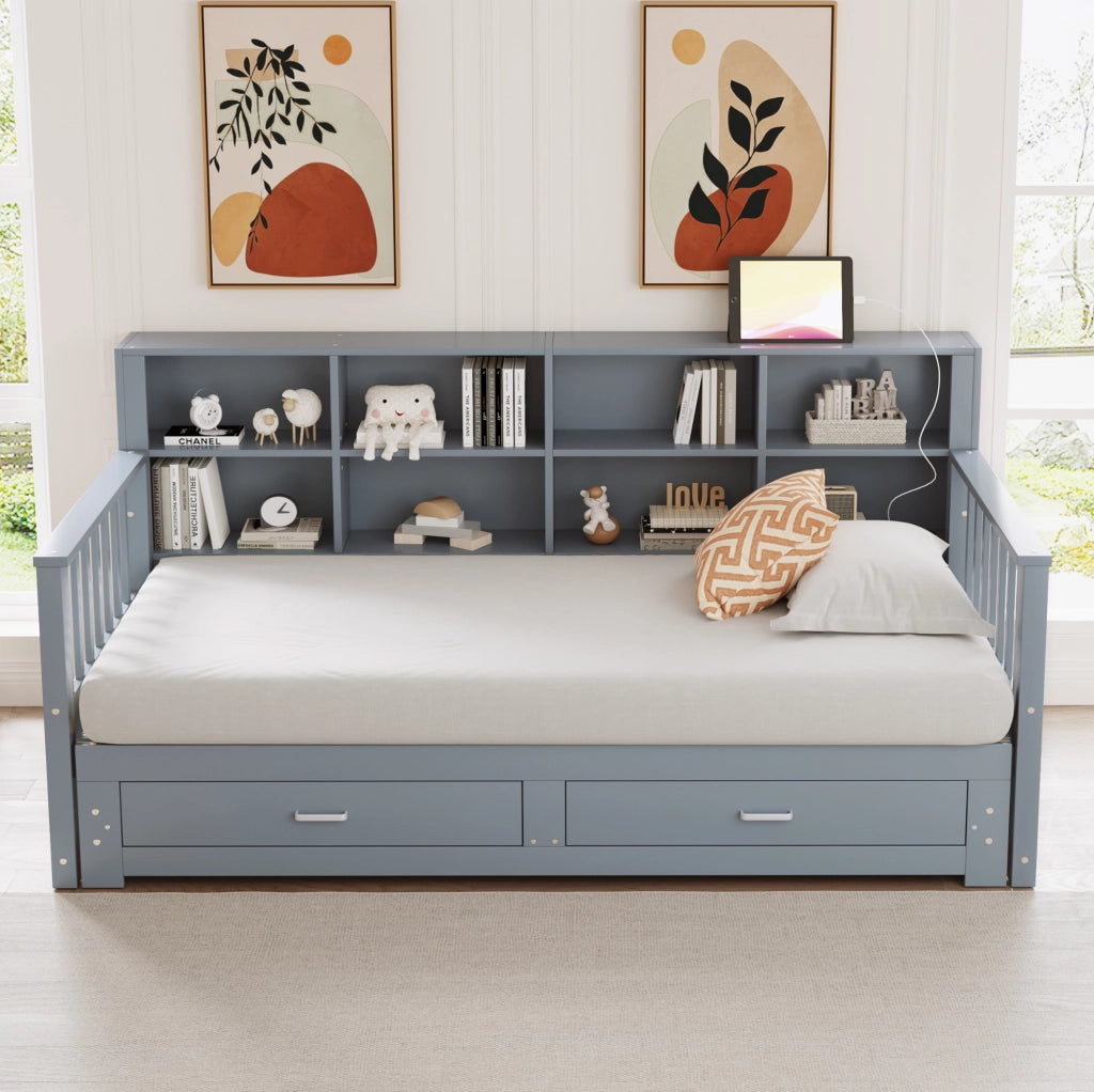 Divano letto multifunzione estraibile in legno massello con contenitore e presa integrata